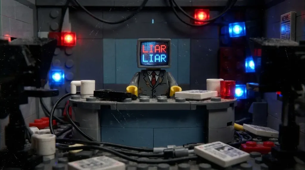 LEGO newscaster with scrolling text